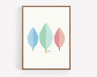 Scandinavian Leaves Illustration Print - Whimsical Scandinavian Decor - nature wall art