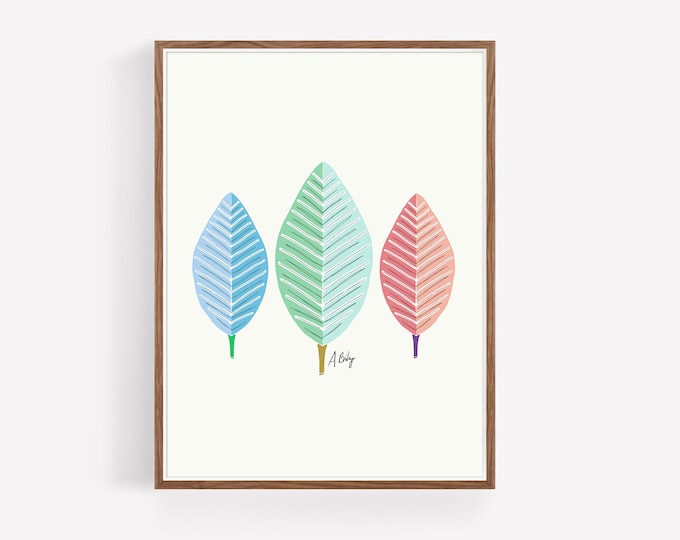 "Leaves Trio No. 3" - Scandinavian Leaves Illustration Print - Whimsical Scandinavian Decor - nature wall art