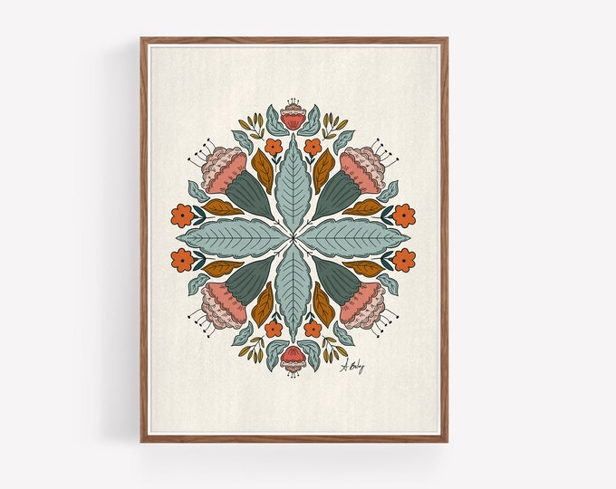 "Flora No. 4" - Whimsical Simple Floral Mandala Print - Scandinavian Floral Wall Art