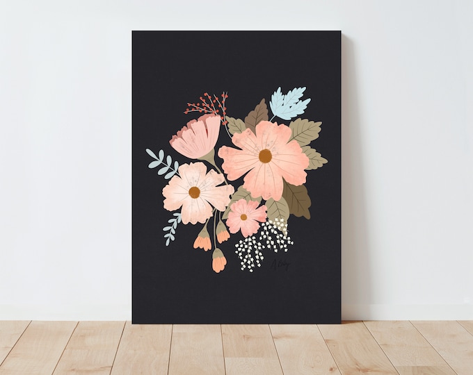 "Dark Bouquet" - Folk Art Flower Print: Whimsical Flowers Wall Art - Scandinavian Botanical Illustration - Floral Hygge Dopamine Decor
