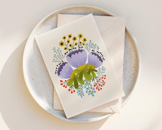 Cheerful Scandinavian Flowers Note Cards - Floral Greeting Cards - Blank inside any occasion - Set of Note Cards - Scandinavian - Floral Art