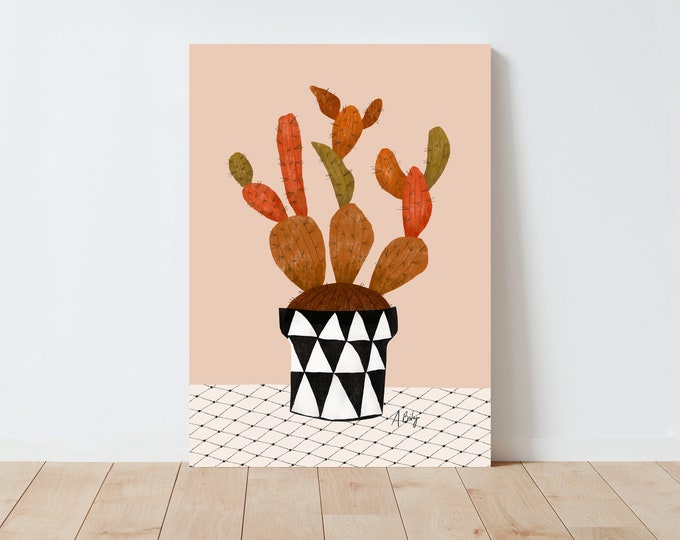 Colorful Cactus Illustration Print: Geometric Potted Plant Art