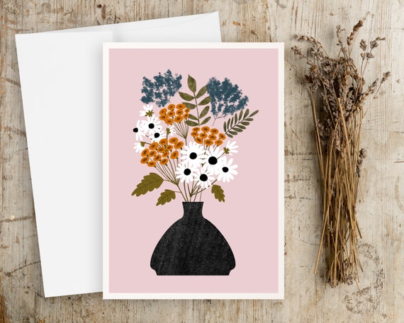 Botanical Greeting Card - Any Occasion Note Card with Envelope - wildflowers greeting card - simple artwork - illustration art - folk art