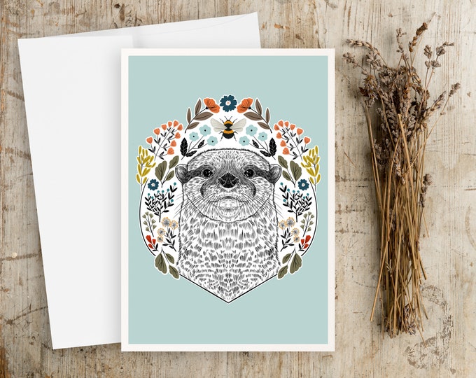 Folk Art Otter Note Card: Floral Woodlands Illustration