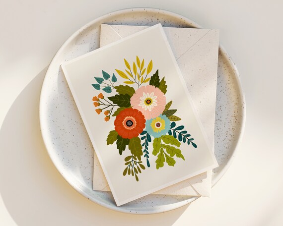 Folk Art Flowers Nature Illustration Greeting Cards - Cards with Envelopes - Set of Notecards - Cute - Any Occasion - Floral - Blank Inside