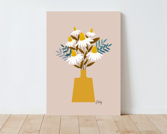 Folk Art Flowers Illustration Print - Scandinavian Decor - Daisies wall art - Daisy Print - Botanical wall art - Floral wall art - abstract