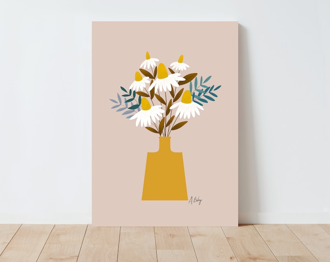 Daisy Print: Folk Art Floral Illustration - Scandinavian Wall Decor