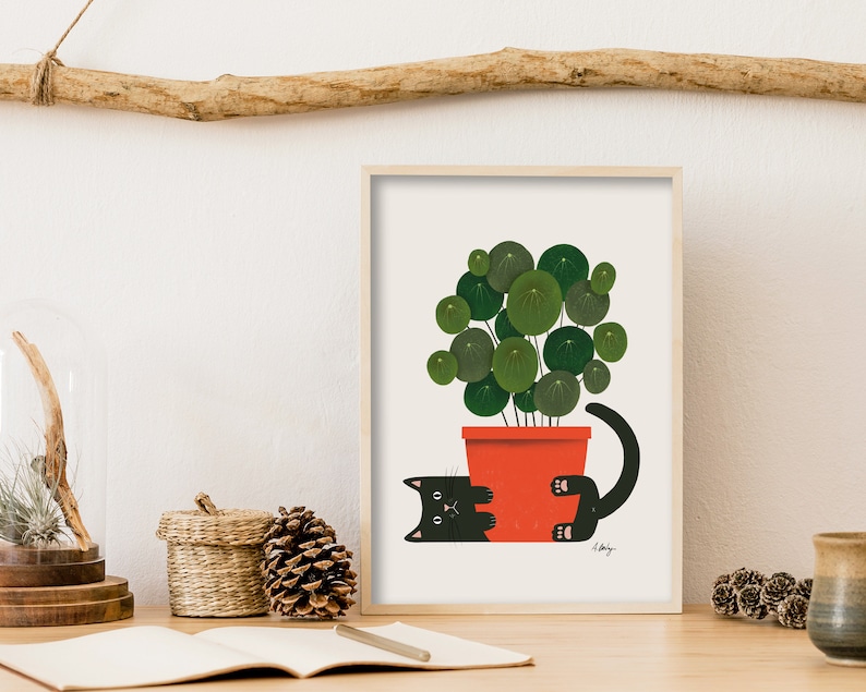 Funny Cat and Plant Wall Art Print Plants wall art Illustration Print Cat wall art Potted Plant Print Botanical wall art cute image 9