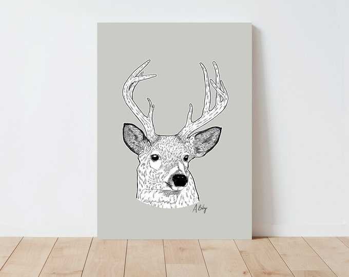Mule Deer Wall Art Print | Illustration Print | Nature Wall art | Animal Print | Antlers | Simple Artwork | Pen and Ink | Farmhouse Decor