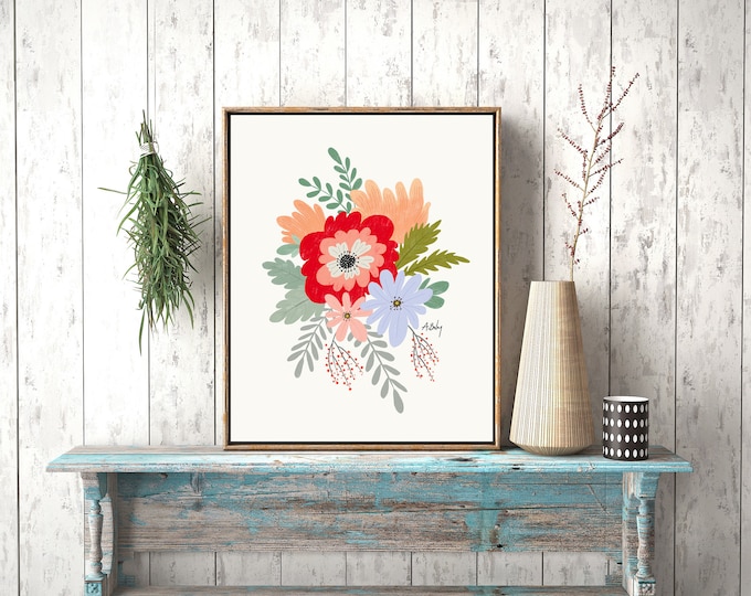 "Spring Flowers" - Whimsical Folk Art Flowers Print - Scandinavian Floral Illustration Print - Hygge Decor