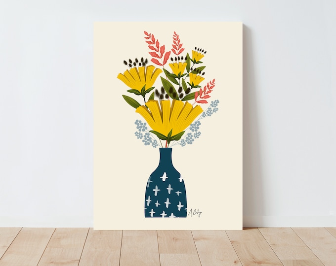 Scandinavian Floral Art Print: Retro Folk Art Illustration