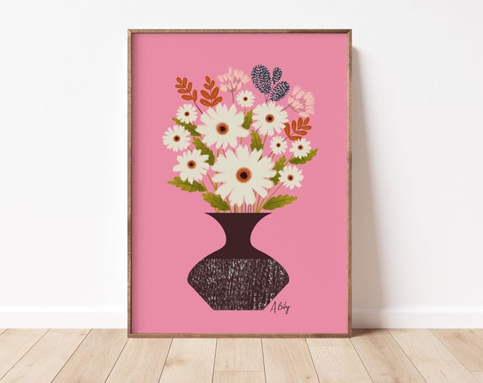 "Retro Moods" - Pink Daisy Floral Art Print, Mid Century Modern Daisy Bouquet Illustration, Vintage Retro Floral, Cute Boho Pink Wall Decor