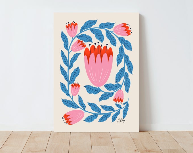 Folk Art Floral Print: Scandinavian Botanical Illustration