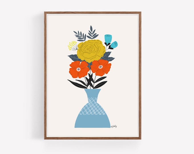 "Sun in My Face" - Whimsical Folk Flowers Wall Art - Scandinavian Decor - Floral Hygge Dopamine Decor