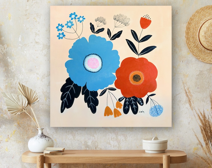 Original Floral Painting: Abstract Folk Art on Wood Panel (30x30)