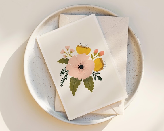 Cute Floral Greeting Cards - Set of Notecards - Whimsical flowers - wildflowers greeting cards - nature - folk art - cute -  blank inside