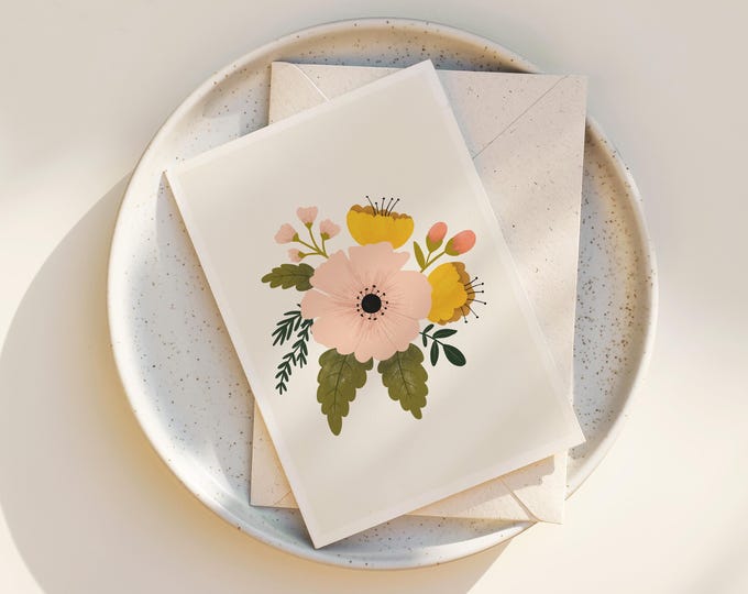 "Country Petals" - Folk Art Flowers Greeting Card - Floral Note Cards, any occasion