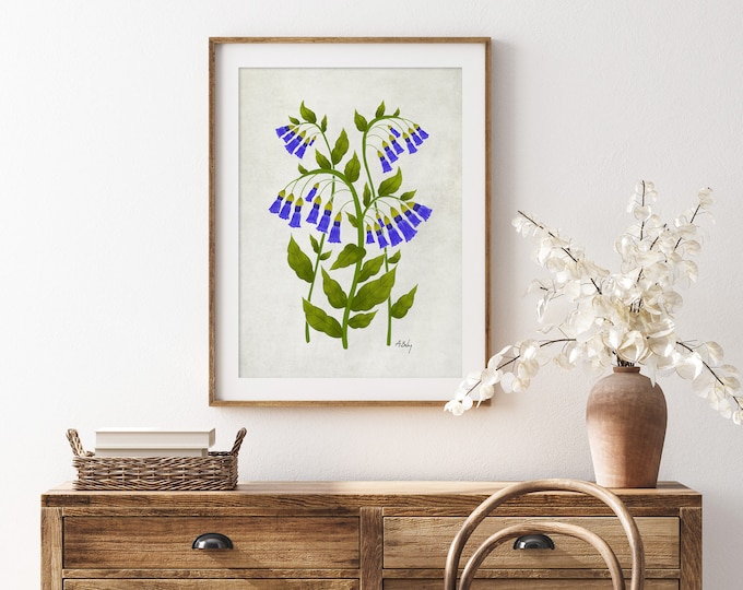 "Bluebells" - Folk Art Bluebells Print: Whimsical Floral Wall Art - Scandinavian Botanical Illustration - Hygge Dopamine Decor