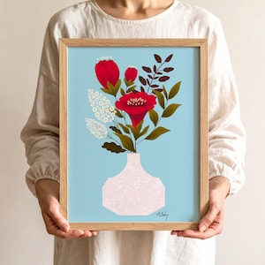 Colorful Whimsical Floral Illustration Print - Bouquet of flowers still life print - flower wall art - red flowers - cute floral art print