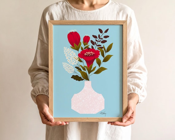Colorful Whimsical Floral Illustration Print - Bouquet of flowers still life print - flower wall art - red flowers - cute floral art print