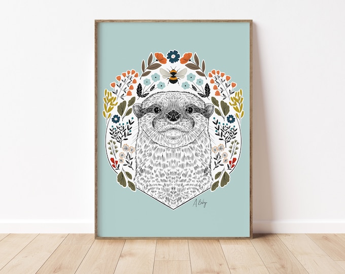 "Woodlands Otter" - Otter and Woodland Floral Illustration Art Print - Whimsical Nature Decor