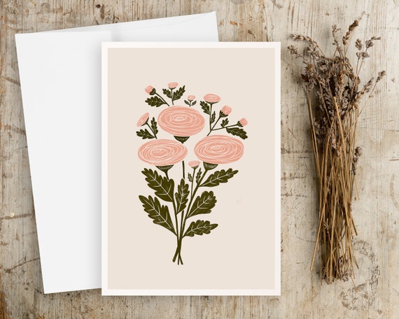 Ranunculus Bouquet Greeting Cards | Ranunculus | Note Cards Set | Card and Envelope | Scandinavian Folk Art | Simple Artwork | Any Occasion