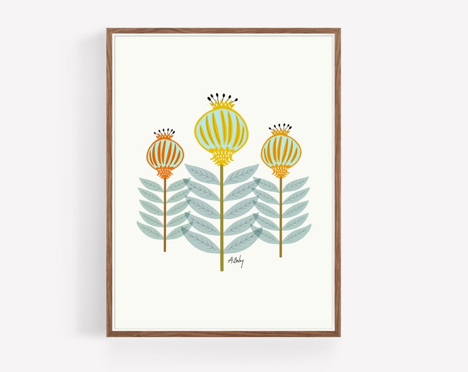 Mid-Century Modern Floral Print: Scandinavian Folk Art Illustration