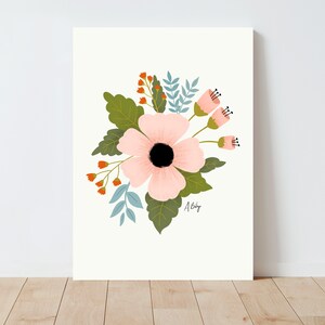 Folk Art Illustration Print - Flower Wall Art - Botanical Illustration - Living Room Wall Art - Farmhouse Decor - Scandinavian Decor