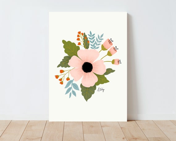 Folk Art Illustration Print - Flower Wall Art - Botanical Illustration - Living Room Wall Art - Farmhouse Decor - Scandinavian Decor