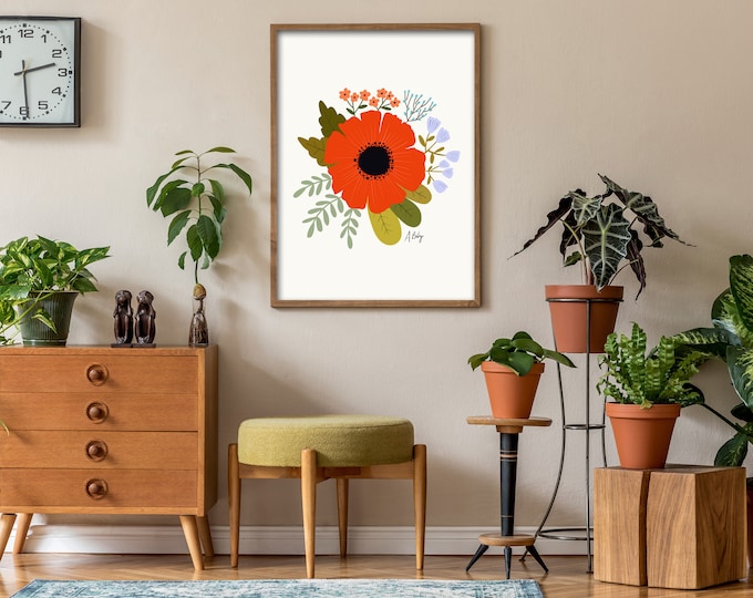 "Crimson" - Folk Art Flower Print: Whimsical Flowers Wall Art - Scandinavian Botanical Illustration - Floral Hygge Dopamine Decor