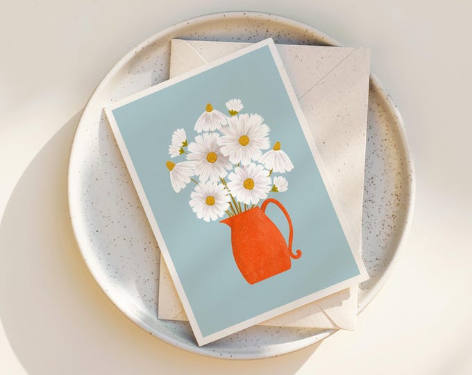 "Daisies and Blue" Whimsical Floral Greeting Card with Envelope