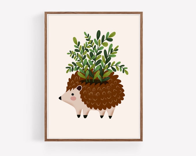 "Hedgehog Garden" - Hedgehog Planter Art Print: Succulents Illustration
