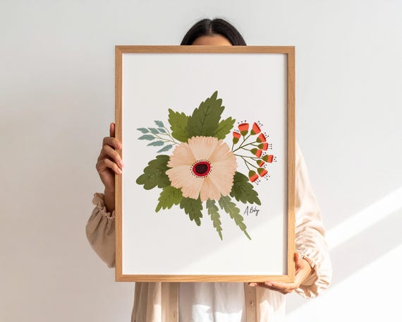 Whimsical Floral Illustration Folk Art Print - Simple Nature wall art - Folk Art Prints - Large wall art - Cute Still Life Flowers Wall Art