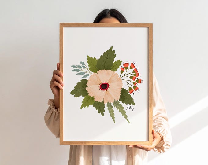 Whimsical Floral Folk Art Print: Peachy Flower Still Life