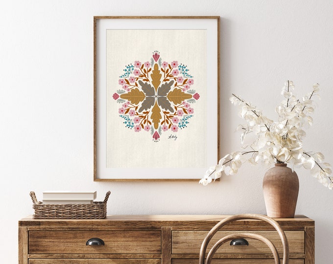 "Flora No. 3" - Whimsical Simple Floral Mandala Print - Scandinavian Floral Wall Art