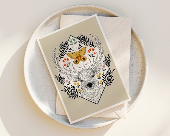 Elk and Moth Nature Illustration Greeting Cards - Moth Drawing - Boho - Any Occasion - Blank - Notecards - with Envelopes - Whimsical - Cute