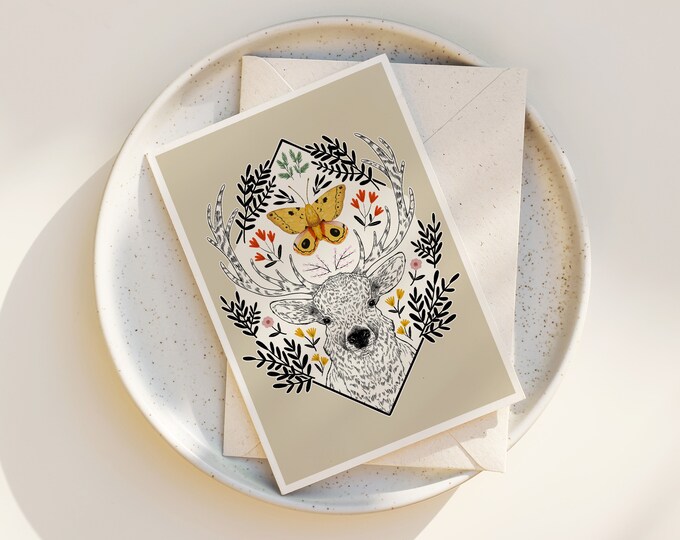 Elk and Io Moth Greeting Cards: Whimsical Nature Illustration