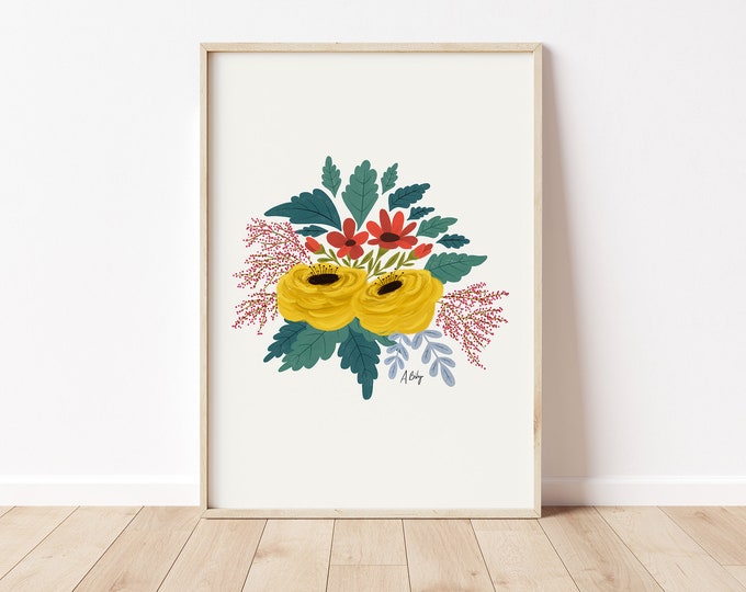 Yellow Roses Art Print: Folk Art Floral Bouquet, Scandinavian Decor