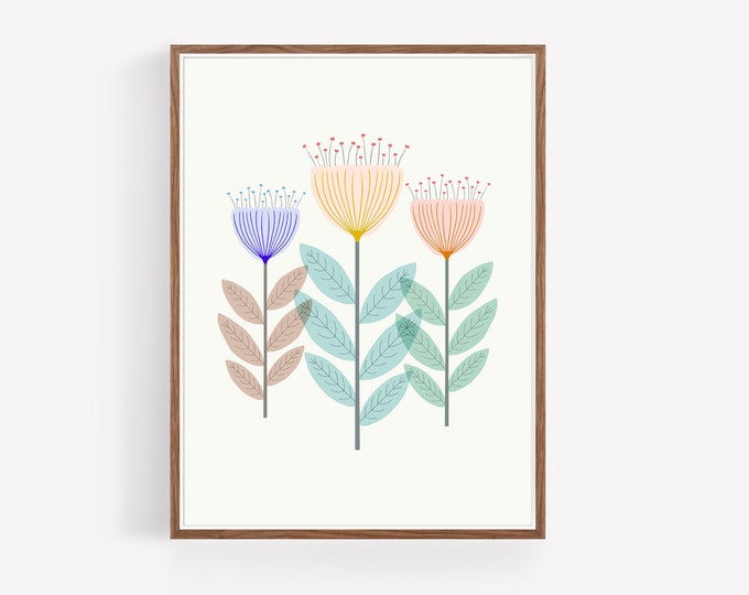 Mid-Century Modern Floral Print: Scandinavian Folk Art Illustration