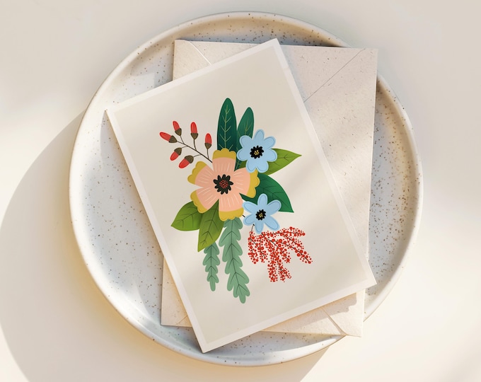 "Folk Art Flowers No. 4" - Whimsical Flowers Note Card with Envelope