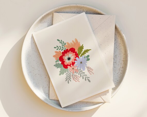 Whimsical Flowers Greeting Card - Floral Notecards - Blank Inside - Any Occasion - Greeting Cards with envelope - Cute - Simple - folk art