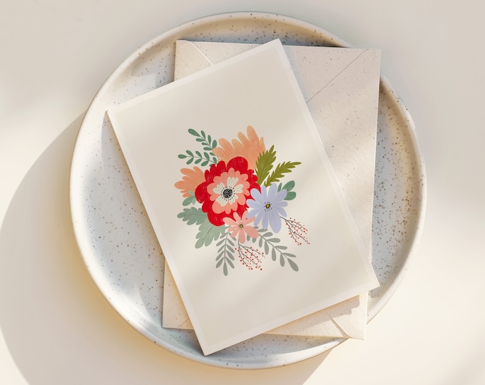 Whimsical Floral Greeting Card: Folk Art Notecard with Envelope
