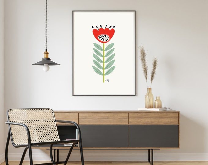 "Mid Mod Flower No. 2" - Scandinavian Flowers Print: Folk Art Floral Illustration Print - Hygge Decor