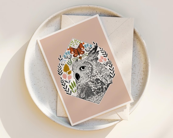 Owl and Forest Botanicals Greeting Cards: Whimsical Nature Illustration