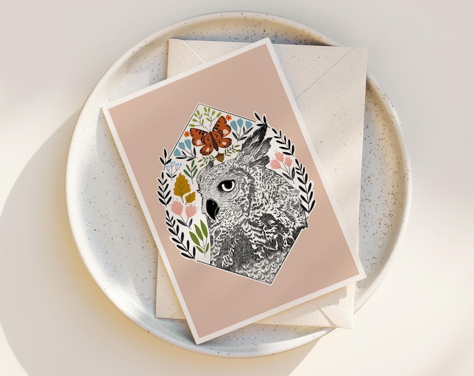 Owl and Forest Botanicals Greeting Cards: Whimsical Nature Illustration