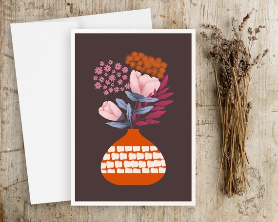 Whimsical Folk Art Flowers Greeting Card - Notecards - with envelopes - Folk art flowers - scandinavian art - illustration - botanical art