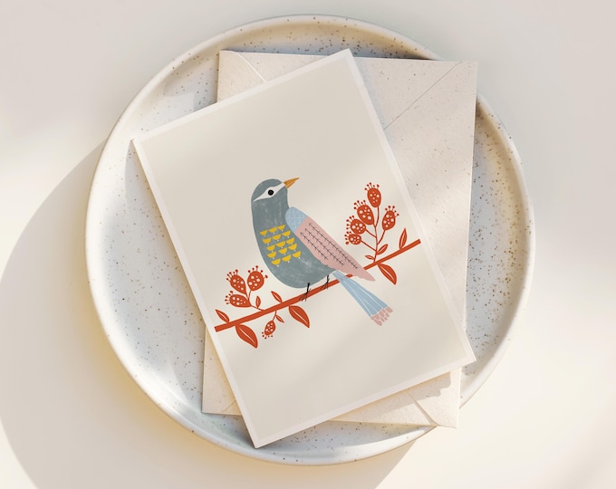 Scandinavian Bird Note Card: Mid Century Style Illustration