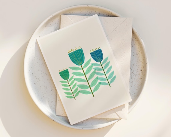 Scandinavian Flowers Note Cards - Folk Art - Abstract Flowers - Greeting Card - Notecards with envelopes - simple mid century modern flowers