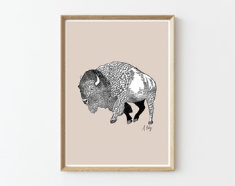 Modern Bison Fine Art Print | Bison Wall Art | Bison Drawing | Buffalo | Large Wall Art | Boho Wall Art | Bison | Ink Drawing | Animal Art