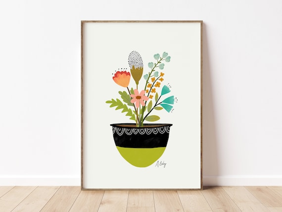 Potted Flowers Illustration Print - Illustration Art - Scandinavian Decor - Hygge Decor - Boho Decor - Large wall art - Floral prints - cute